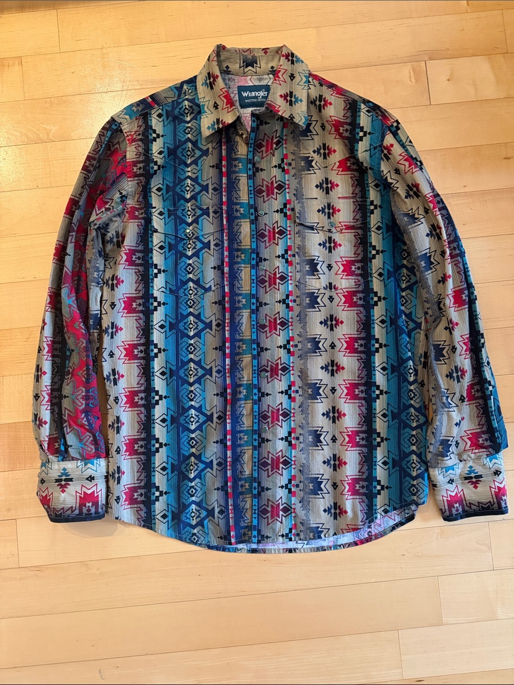 Wrangler Aztec Stripe Button-Up Shirt - Teal, Red, Gray